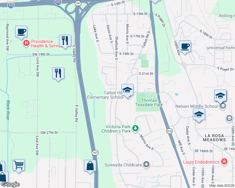 map of restaurants, bars, coffee shops, grocery stores, and more near 2320 Talbot Crest Drive South in Renton