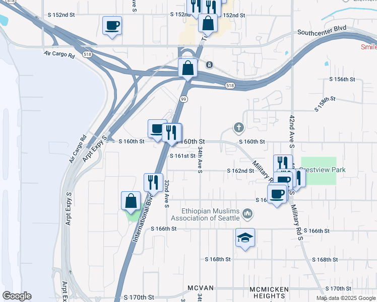 map of restaurants, bars, coffee shops, grocery stores, and more near 3229 South 161st Street in SeaTac