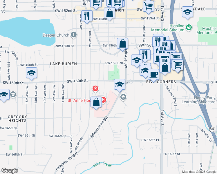 map of restaurants, bars, coffee shops, grocery stores, and more near 16069 Sylvester Road Southwest in Burien