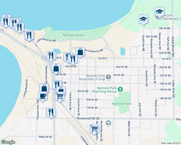 map of restaurants, bars, coffee shops, grocery stores, and more near 808 3rd Street Southeast in Bemidji