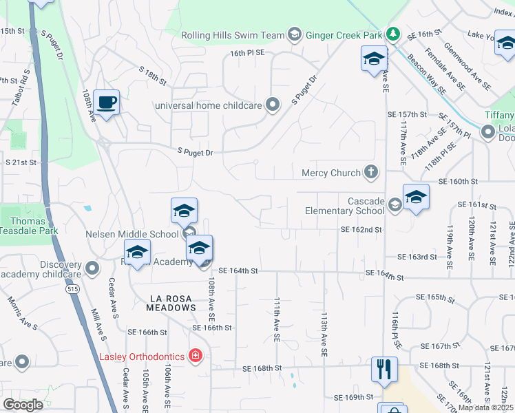 map of restaurants, bars, coffee shops, grocery stores, and more near 1455 South Puget Drive in Renton