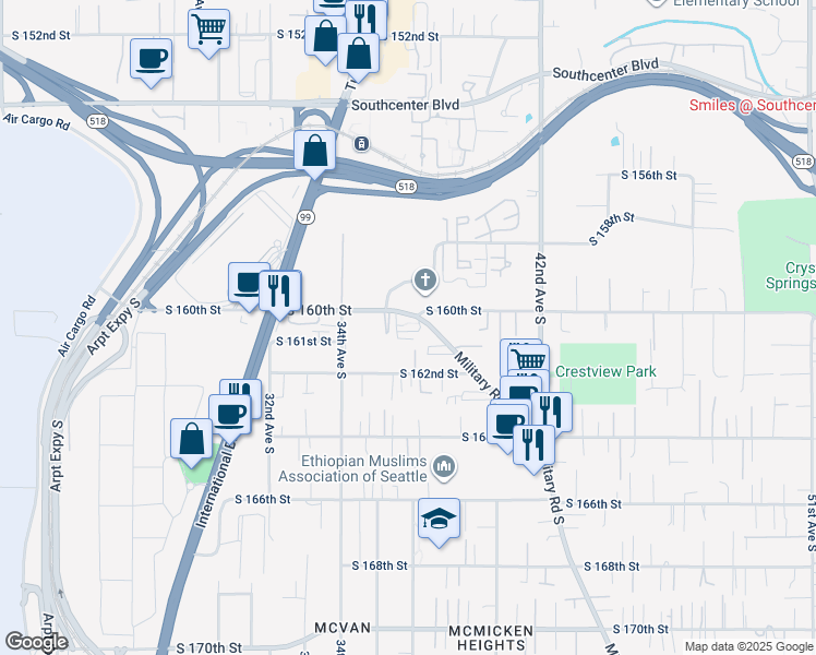 map of restaurants, bars, coffee shops, grocery stores, and more near 3503 South 160th Street in SeaTac