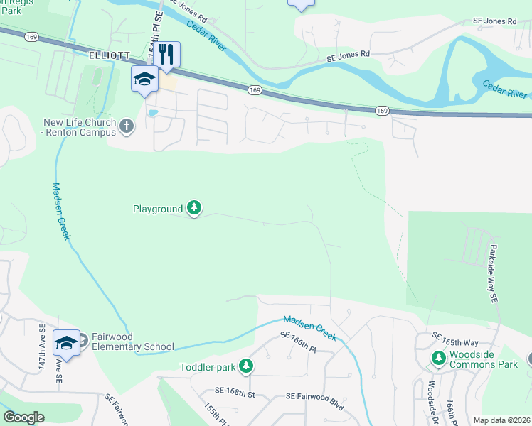 map of restaurants, bars, coffee shops, grocery stores, and more near 15719 Southeast 160th Place in Renton
