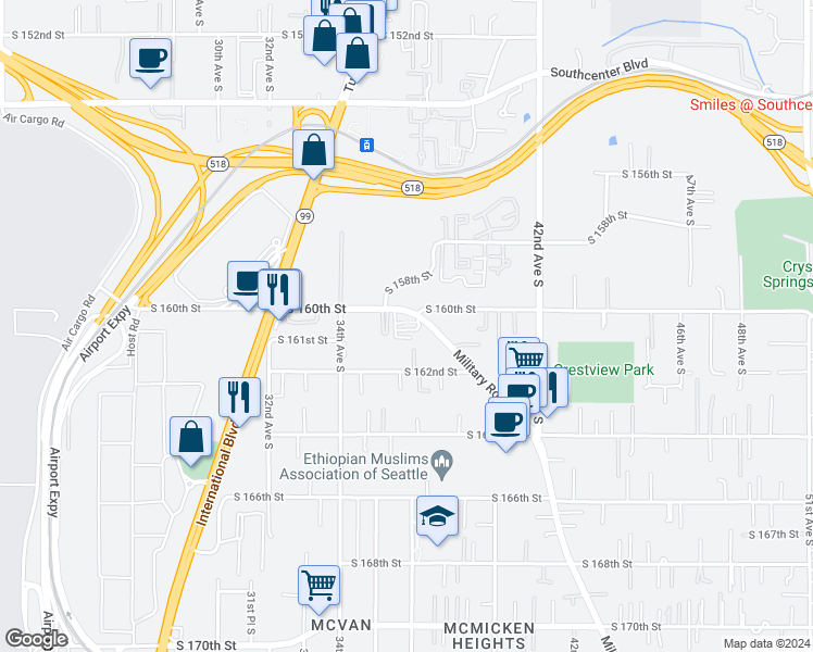 map of restaurants, bars, coffee shops, grocery stores, and more near 16106 37th Lane South in SeaTac