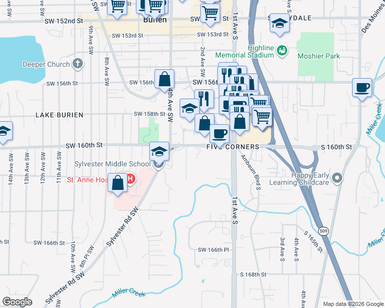 map of restaurants, bars, coffee shops, grocery stores, and more near 16040 3rd Avenue Southwest in Burien