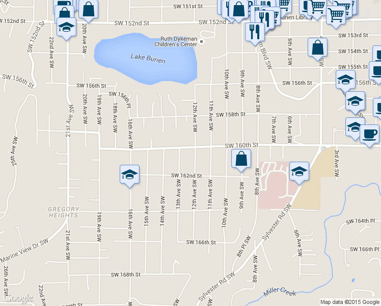map of restaurants, bars, coffee shops, grocery stores, and more near 16009 12th Avenue Southwest in Burien