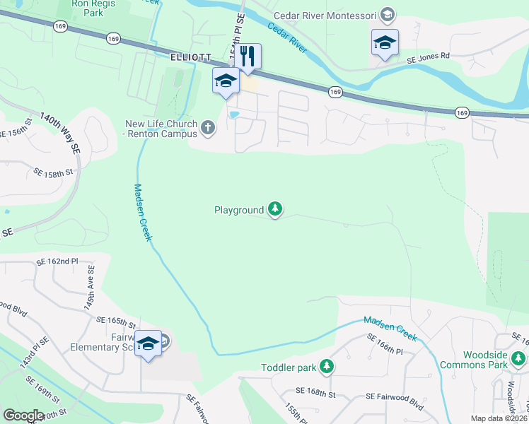 map of restaurants, bars, coffee shops, grocery stores, and more near 15340 Southeast 160th Place in Renton