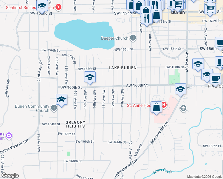 map of restaurants, bars, coffee shops, grocery stores, and more near 16009 12th Avenue Southwest in Burien