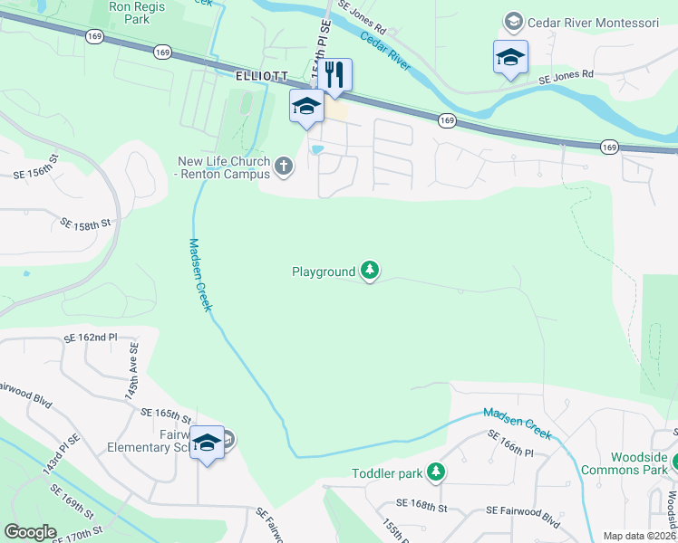 map of restaurants, bars, coffee shops, grocery stores, and more near 15340 Southeast 160th Place in Renton