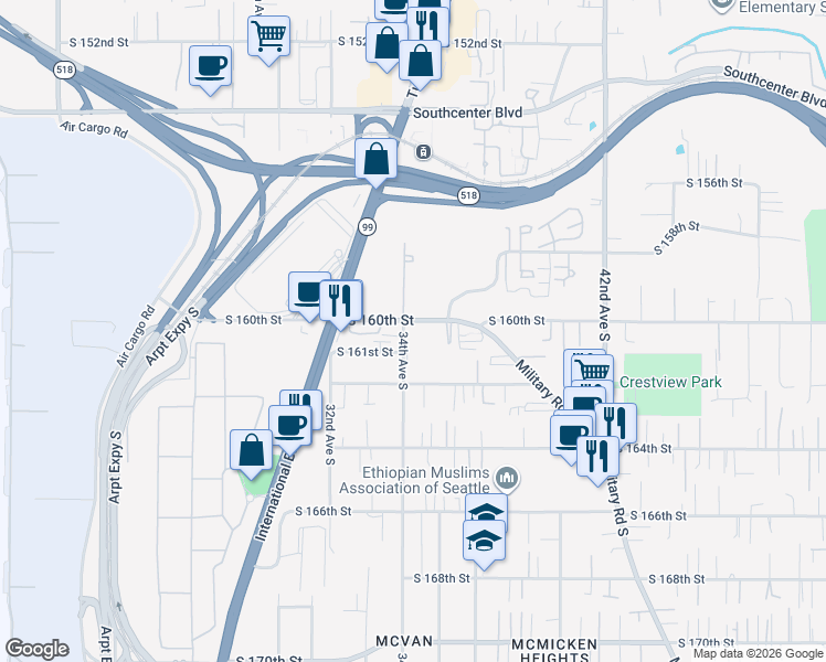 map of restaurants, bars, coffee shops, grocery stores, and more near 3432 South 160th Street in Tukwila