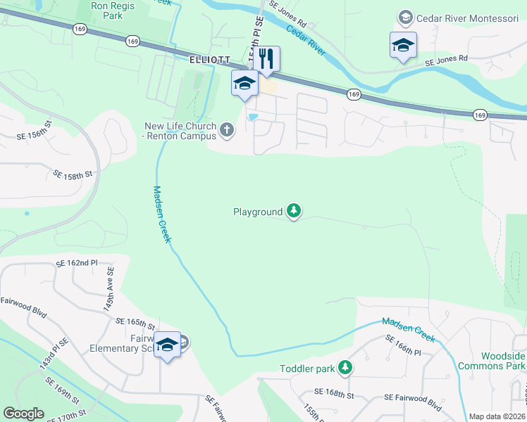 map of restaurants, bars, coffee shops, grocery stores, and more near 15340 Southeast 160th Place in Renton