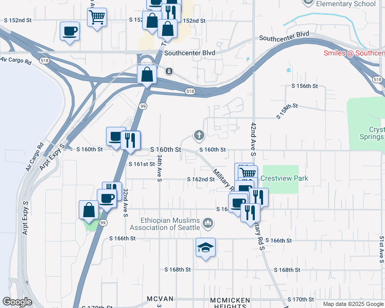 map of restaurants, bars, coffee shops, grocery stores, and more near 15880 Military Road South in Tukwila
