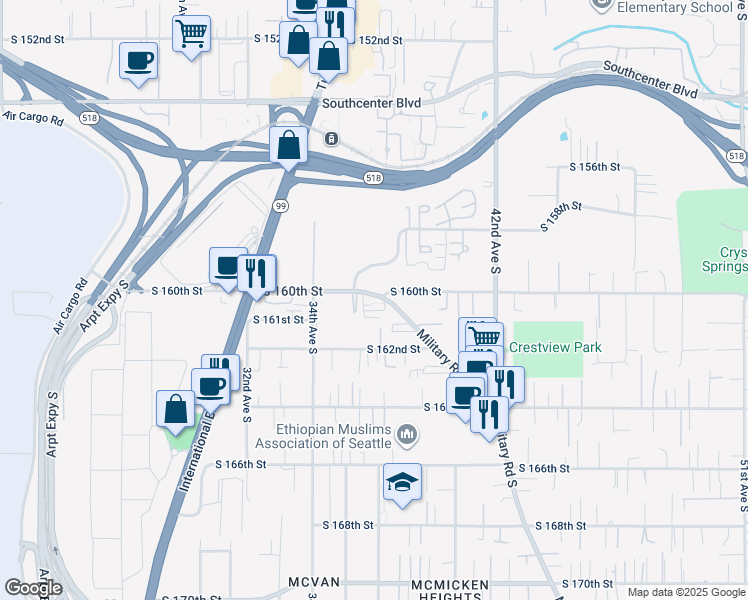 map of restaurants, bars, coffee shops, grocery stores, and more near 3503 South 160th Street in SeaTac