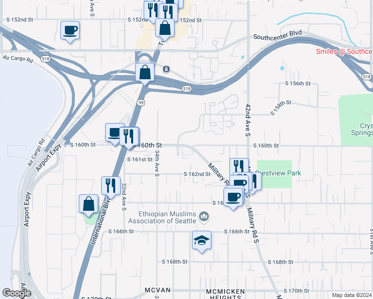 map of restaurants, bars, coffee shops, grocery stores, and more near 15880 Military Road South in Tukwila