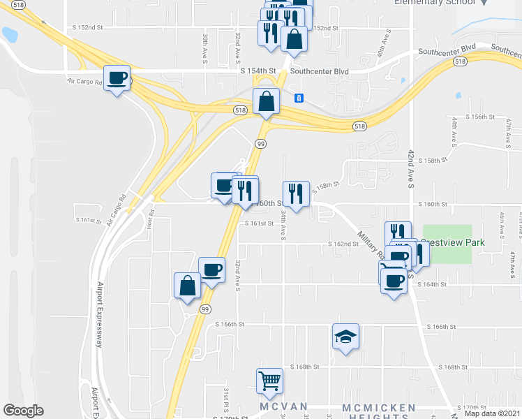 map of restaurants, bars, coffee shops, grocery stores, and more near 15858 Tukwila International Boulevard in Tukwila