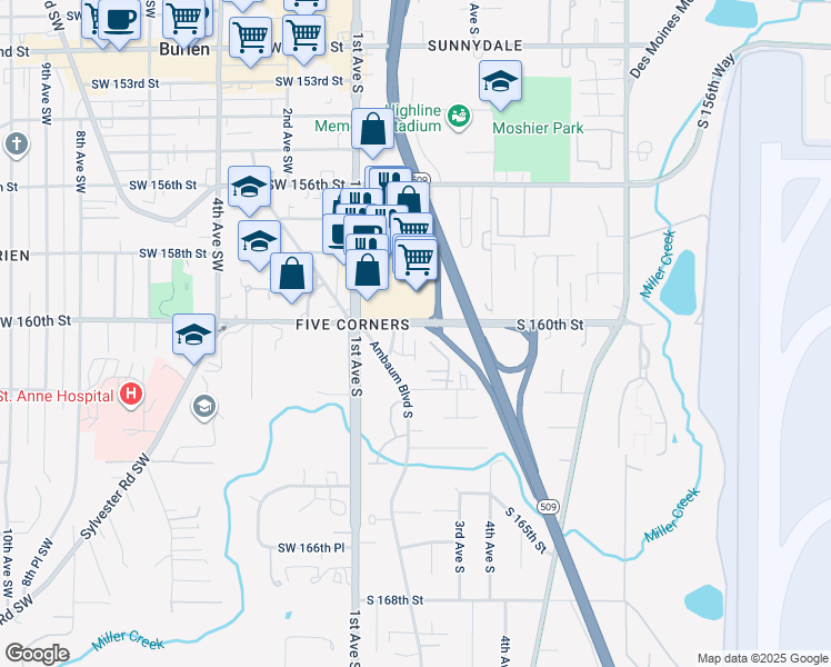 map of restaurants, bars, coffee shops, grocery stores, and more near 15830 1st Avenue South in Burien