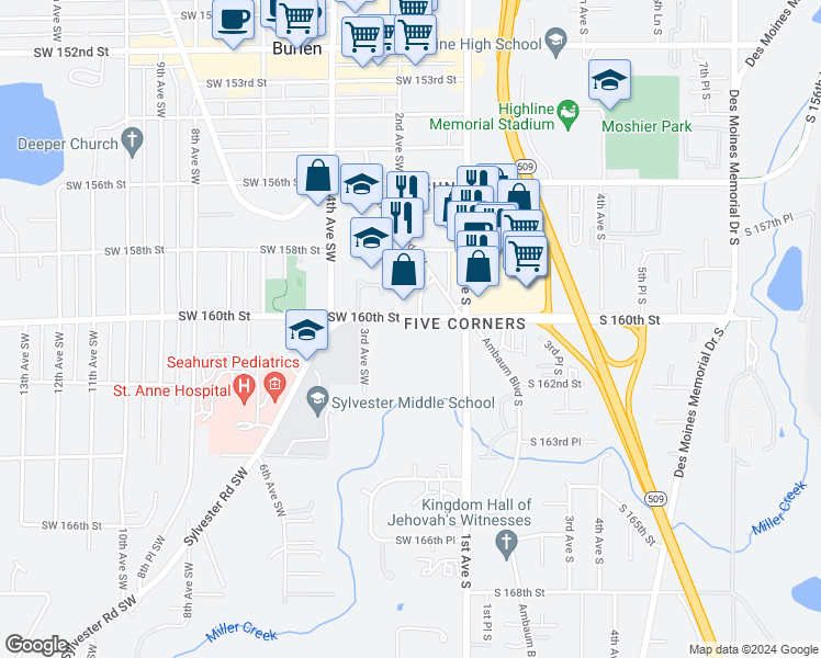 map of restaurants, bars, coffee shops, grocery stores, and more near 120 Southwest 160th Street in Burien