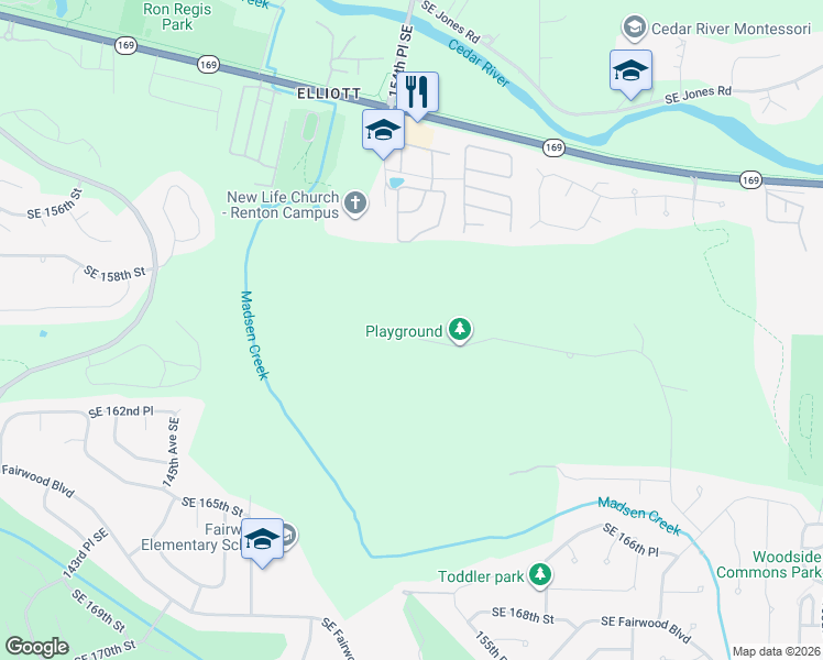 map of restaurants, bars, coffee shops, grocery stores, and more near 15340 Southeast 160th Place in Renton