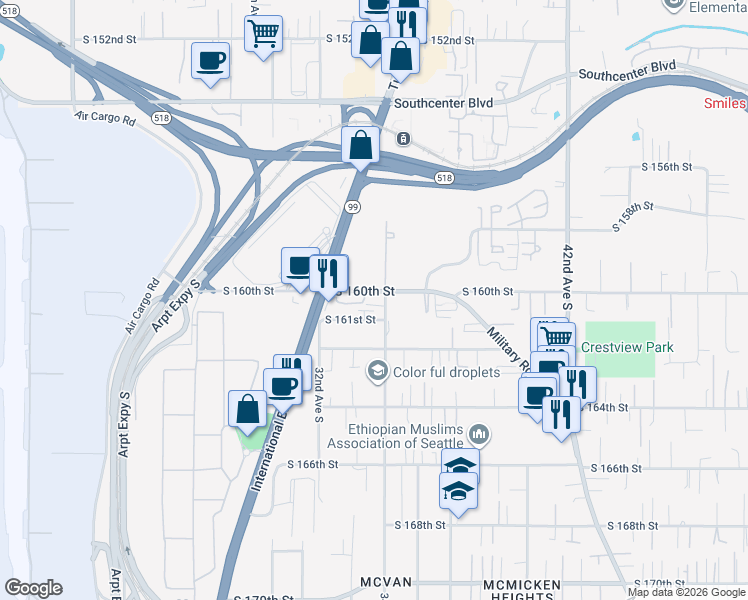 map of restaurants, bars, coffee shops, grocery stores, and more near 3432 South 160th Street in Tukwila