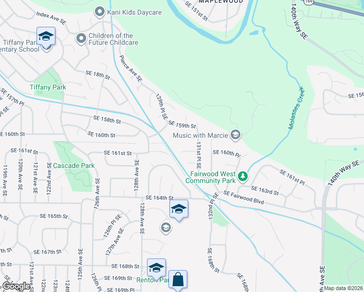 map of restaurants, bars, coffee shops, grocery stores, and more near 13042 Southeast 159th Place in Renton