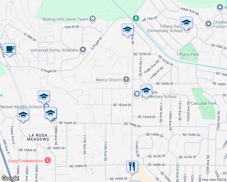 map of restaurants, bars, coffee shops, grocery stores, and more near 11411 Southeast 22nd Street in Renton