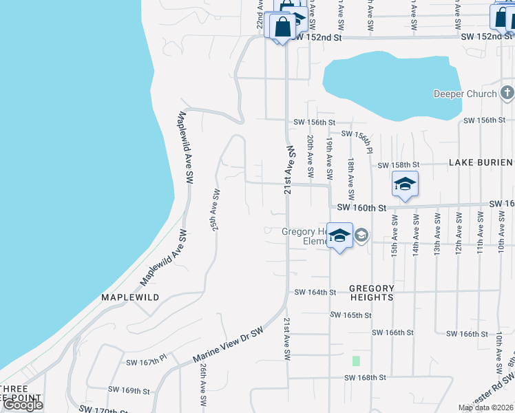 map of restaurants, bars, coffee shops, grocery stores, and more near 15931 22nd Avenue Southwest in Burien
