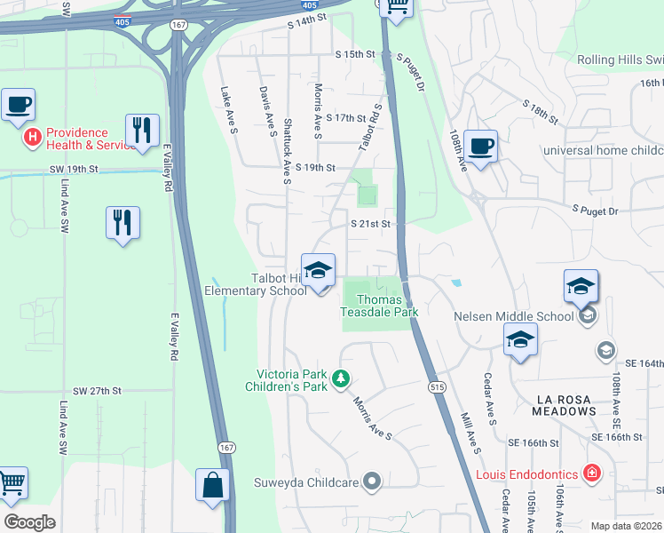 map of restaurants, bars, coffee shops, grocery stores, and more near 2206 Talbot Road South in Renton
