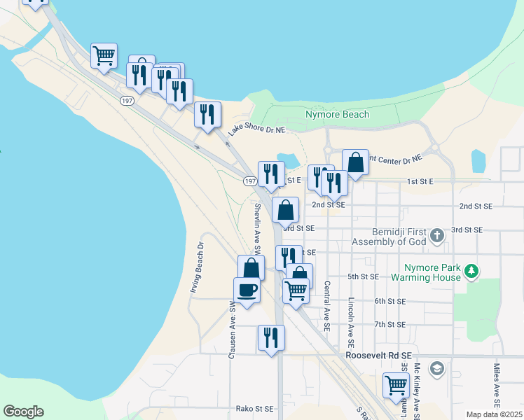map of restaurants, bars, coffee shops, grocery stores, and more near 101 Shevlin Avenue Southwest in Bemidji