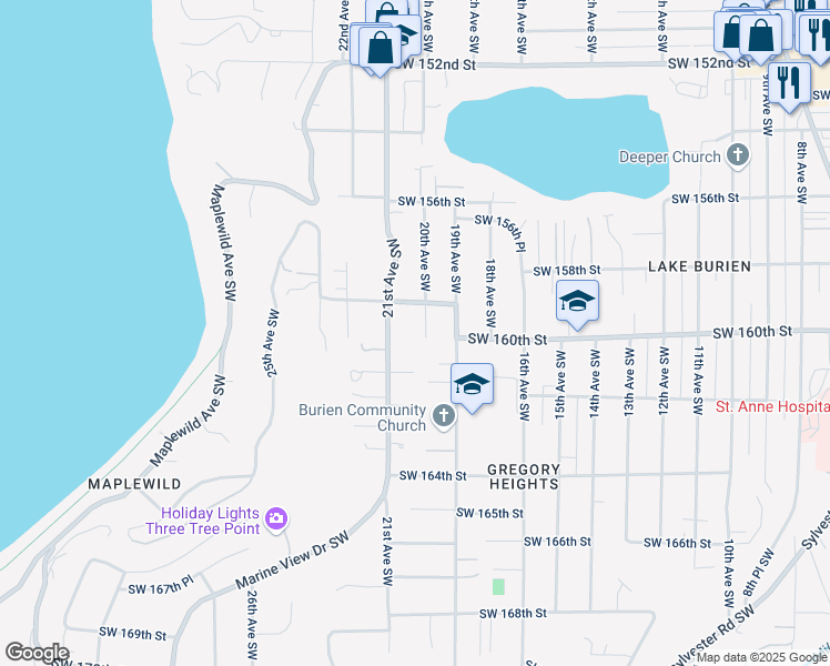 map of restaurants, bars, coffee shops, grocery stores, and more near 15919 20th Avenue Southwest in Burien