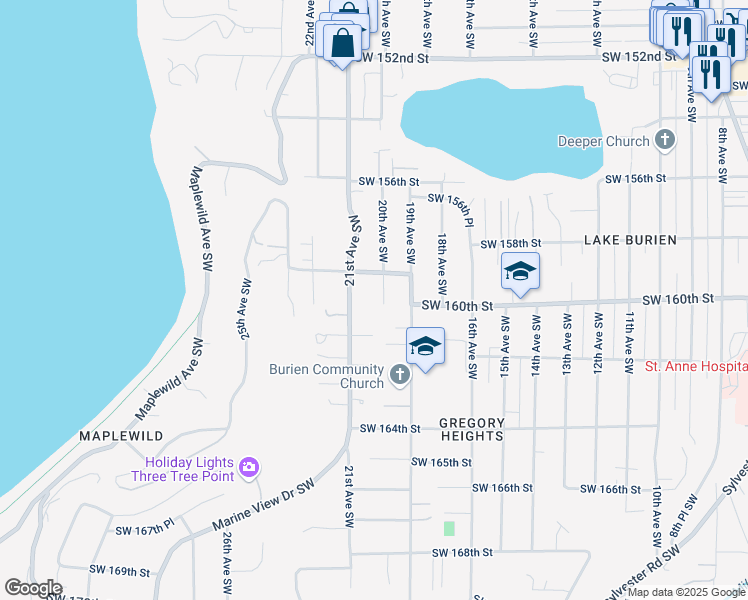 map of restaurants, bars, coffee shops, grocery stores, and more near 15919 20th Avenue Southwest in Burien