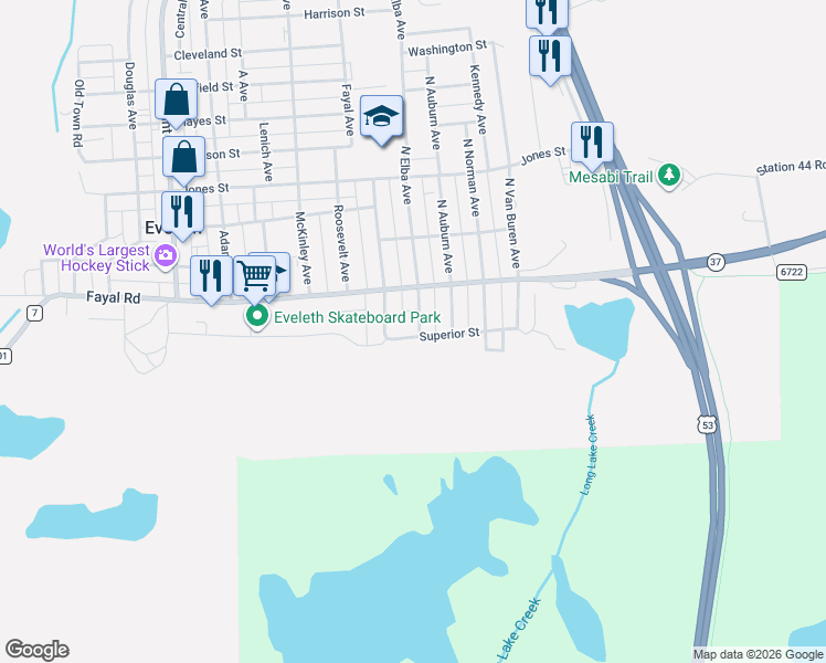 map of restaurants, bars, coffee shops, grocery stores, and more near 827 Superior Street in Eveleth