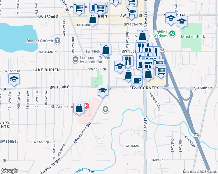 map of restaurants, bars, coffee shops, grocery stores, and more near 16000 Sylvester Road Southwest in Burien