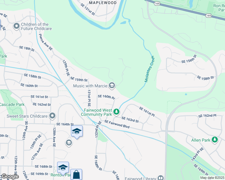 map of restaurants, bars, coffee shops, grocery stores, and more near 13407 Southeast 159th Place in Renton