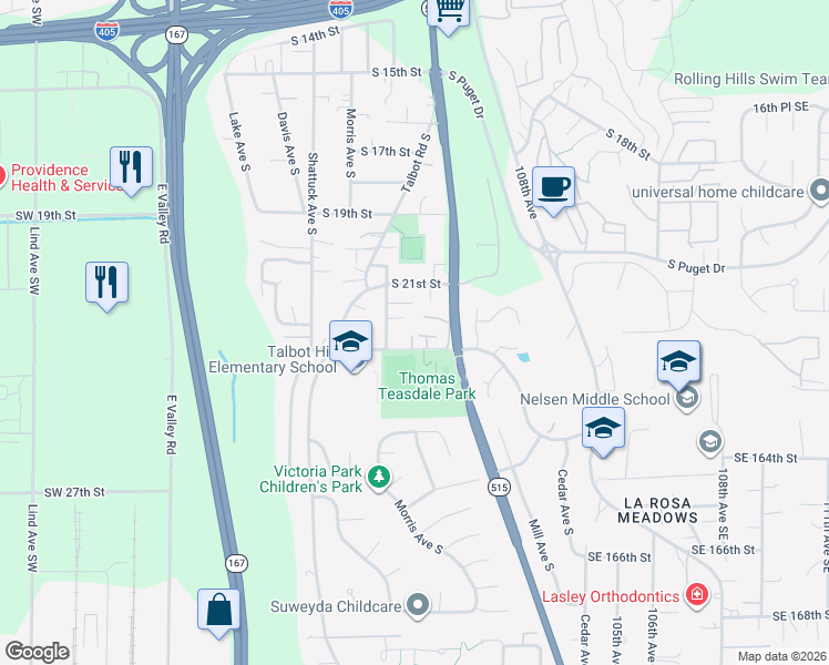 map of restaurants, bars, coffee shops, grocery stores, and more near 2211 Williams Avenue South in Renton