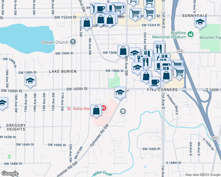 map of restaurants, bars, coffee shops, grocery stores, and more near 584 Southwest 160th Street in Burien