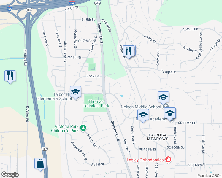 map of restaurants, bars, coffee shops, grocery stores, and more near 2202 Wells Court South in Renton