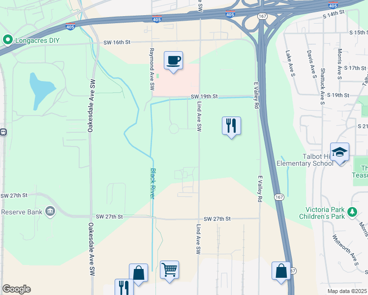 map of restaurants, bars, coffee shops, grocery stores, and more near 2201 Lind Avenue Southwest in Renton