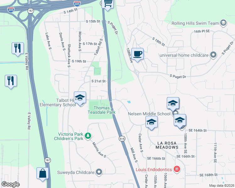 map of restaurants, bars, coffee shops, grocery stores, and more near 2202 Wells Court South in Renton