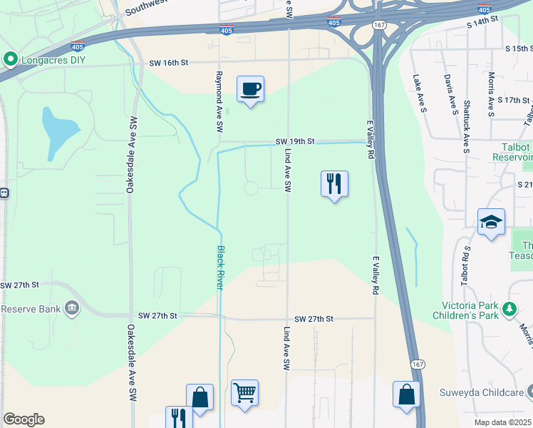 map of restaurants, bars, coffee shops, grocery stores, and more near 2201 Lind Avenue Southwest in Renton