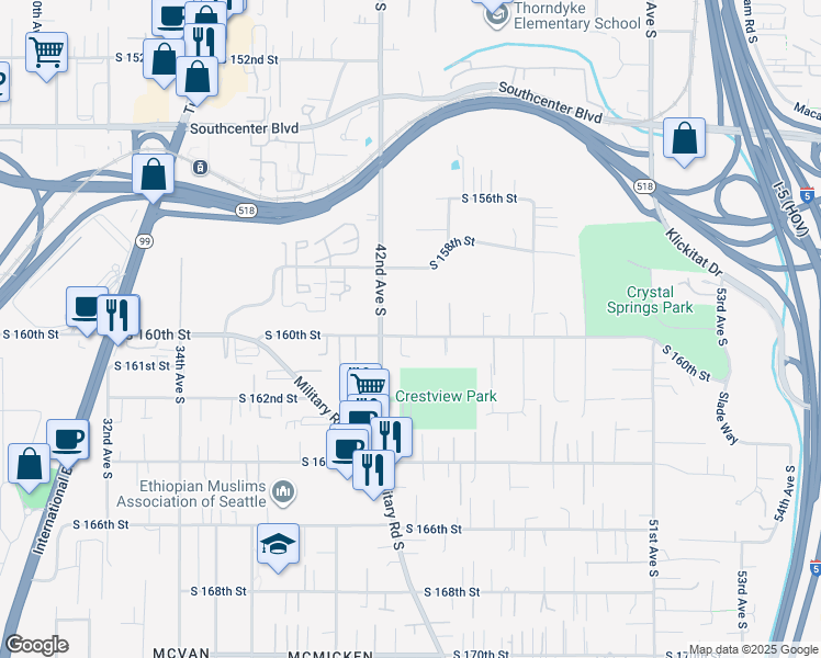map of restaurants, bars, coffee shops, grocery stores, and more near 4228 South 160th Street in Tukwila