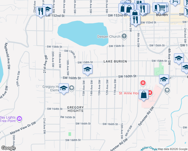 map of restaurants, bars, coffee shops, grocery stores, and more near 1316 Southwest 160th Street in Burien