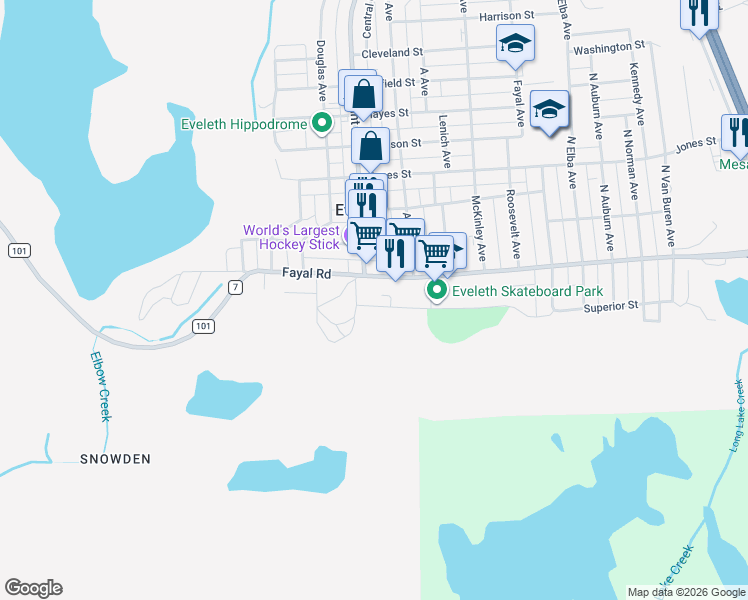 map of restaurants, bars, coffee shops, grocery stores, and more near 414 Fayal Road in Eveleth