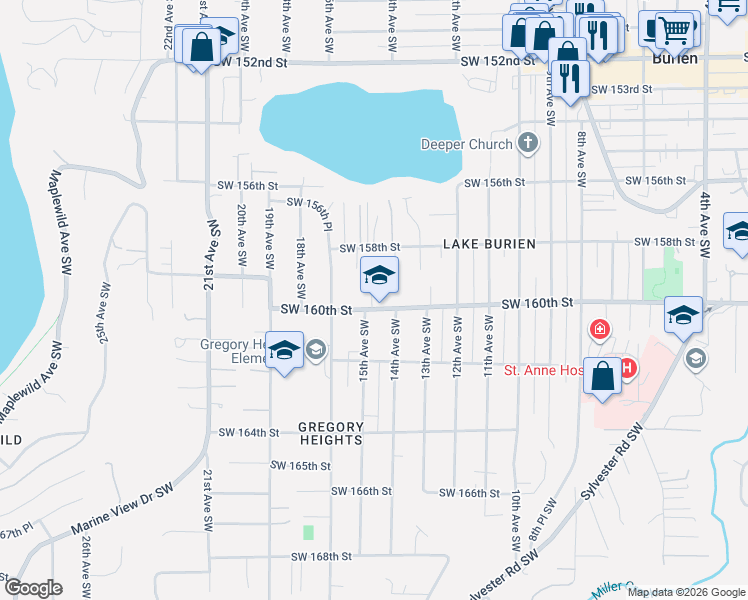 map of restaurants, bars, coffee shops, grocery stores, and more near 1420 Southwest 160th Street in Burien