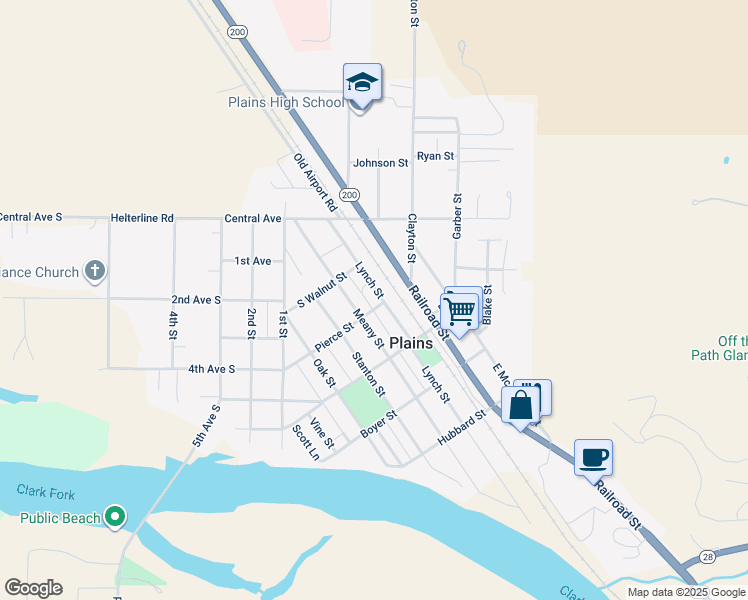 map of restaurants, bars, coffee shops, grocery stores, and more near 201 Lynch Street in Plains