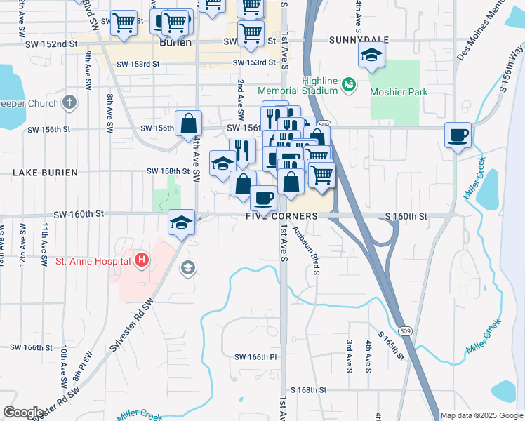 map of restaurants, bars, coffee shops, grocery stores, and more near 120 Southwest 160th Street in Burien