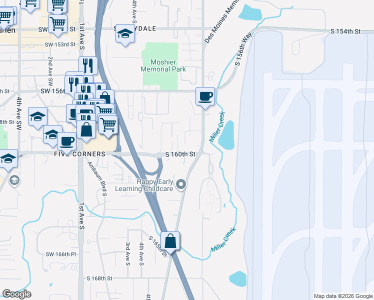 map of restaurants, bars, coffee shops, grocery stores, and more near 638 South 160th Street in Burien