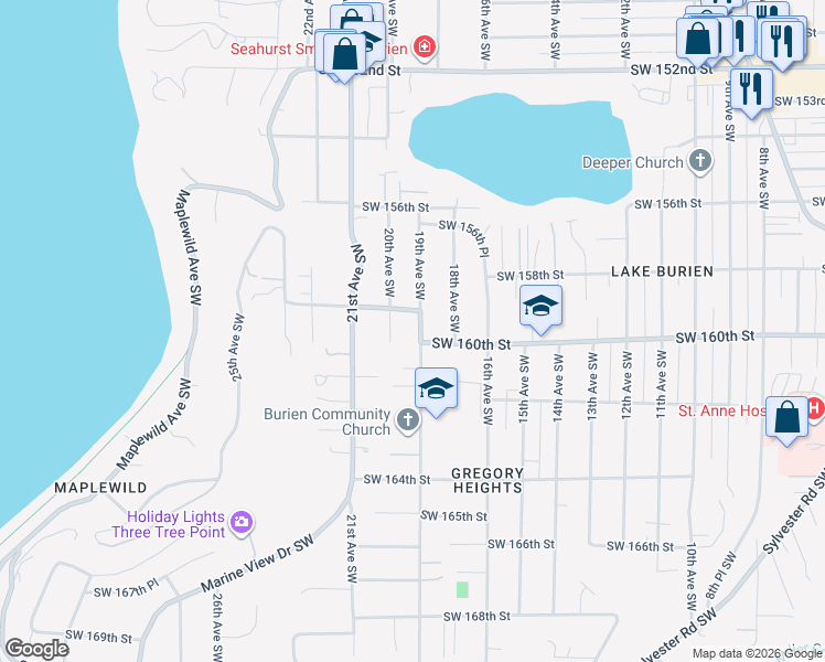 map of restaurants, bars, coffee shops, grocery stores, and more near 15919 19th Avenue Southwest in Burien