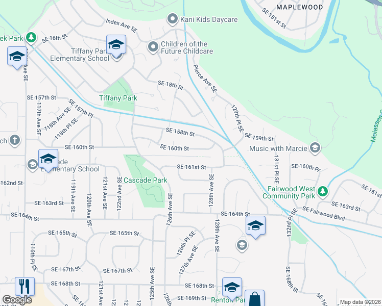map of restaurants, bars, coffee shops, grocery stores, and more near 12611 Southeast 160th Street in Renton
