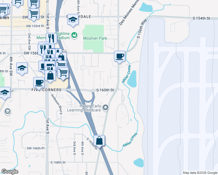 map of restaurants, bars, coffee shops, grocery stores, and more near 638 South 160th Street in Burien