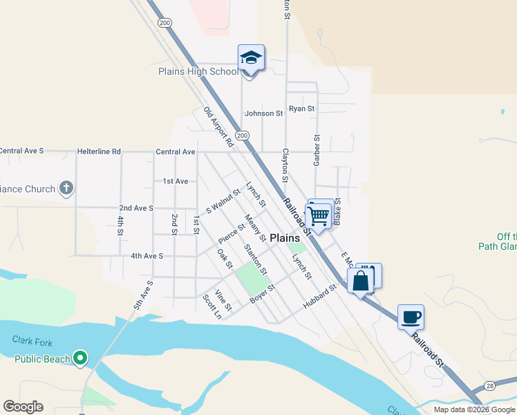 map of restaurants, bars, coffee shops, grocery stores, and more near 201 Lynch Street in Plains
